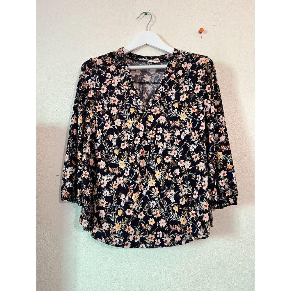 Two by Vince Camuto Womens Floral Print 3/4 Sleeve V-Neck Blouse Medium Black